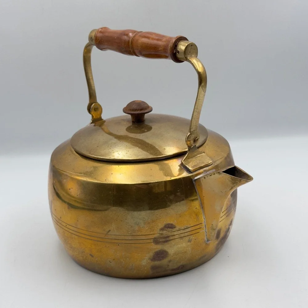 Vintage Solid Brass Decorative Tea Kettle Wood Handle Handmade India Patina 8in